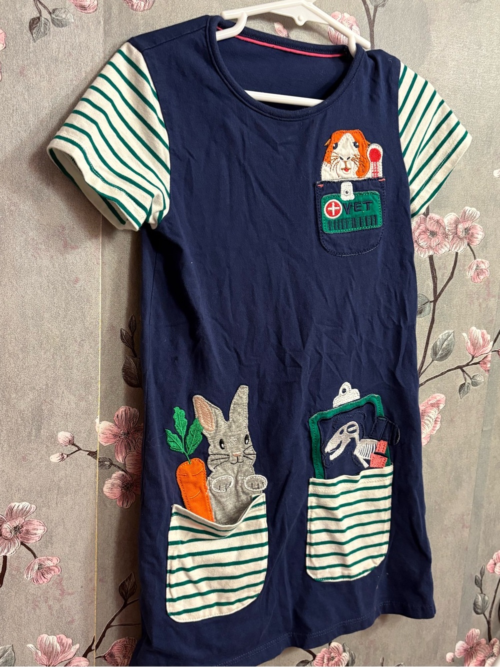 Kids Navy Blue Vet Pocket T-Shirt Dress with Striped Sleeves 100% cotton